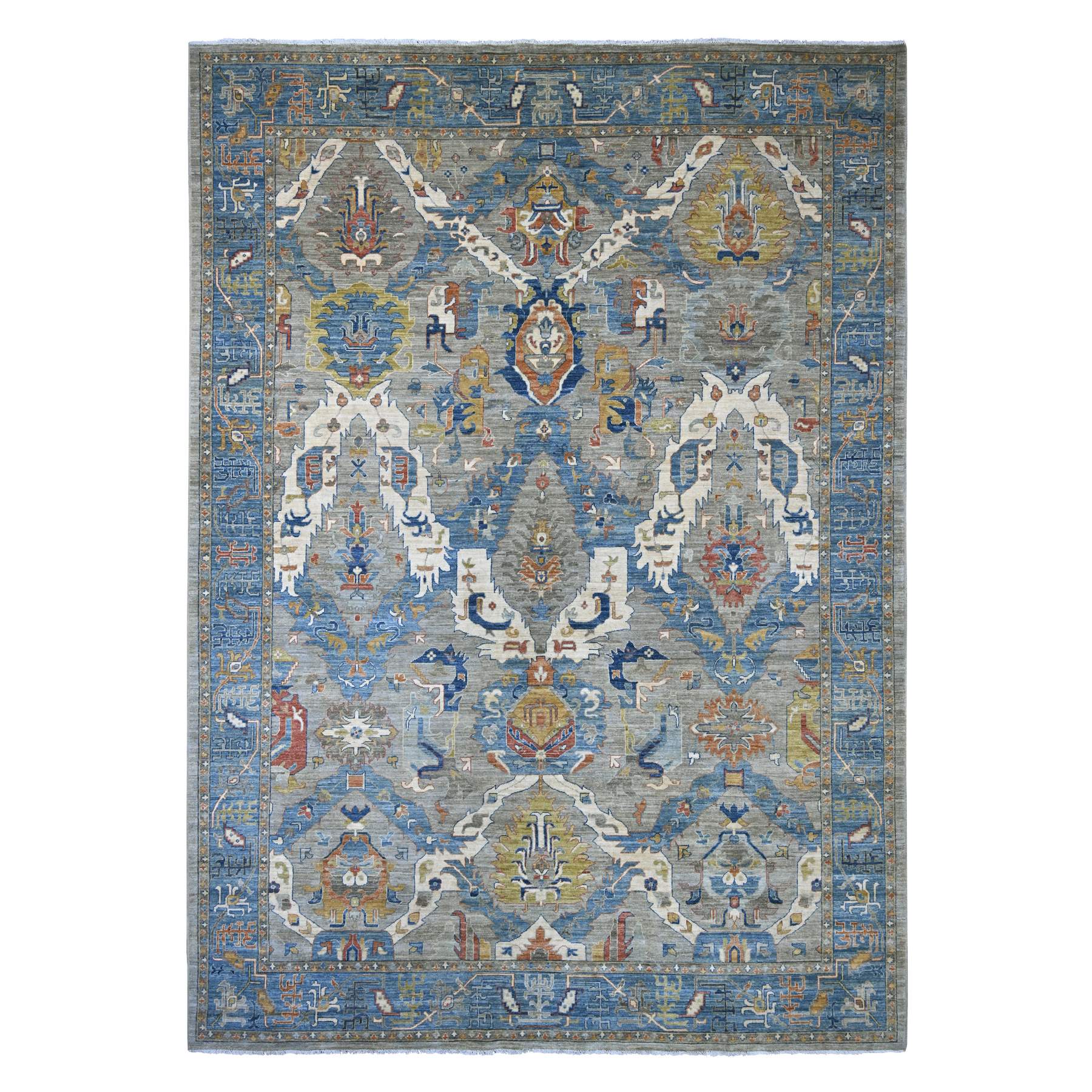10'x13'10" Spanish Gray, Hand Knotted, Aryana Grade, Peshawar with All Over Geometric Leaf Design, Vegetable Dyes, Pure Wool, Oriental Rug 